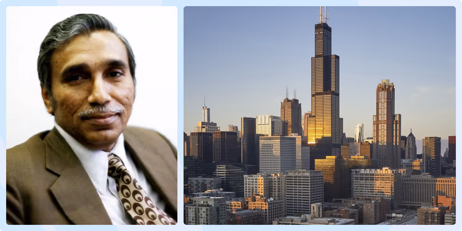 Portrait of Fazlur Rahman Khan with Willis Tower in Chicago