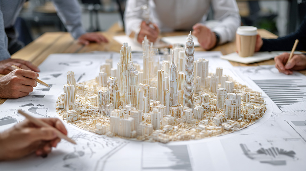 Project team reviewing city model with charts, symbolizing forecasting in project management.