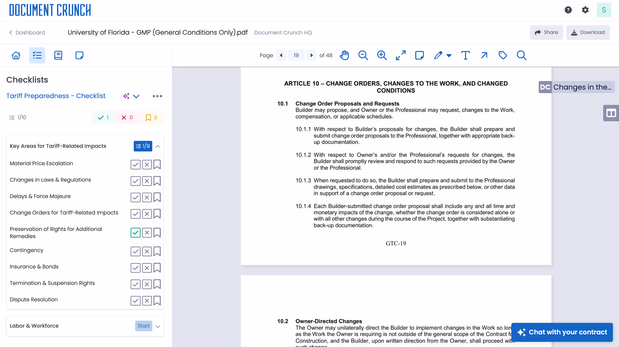 Contract checklist and clause review in Document Crunch