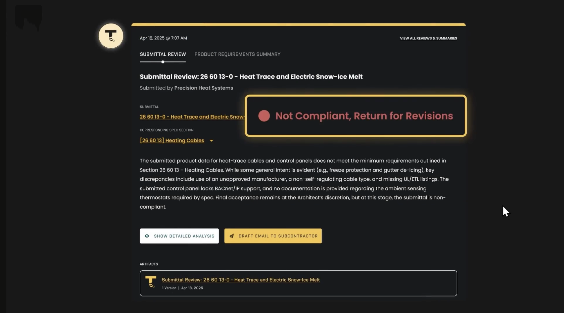 Trunk Tools ai software interface showing submittal review, compliance alerts, and revision tracking.