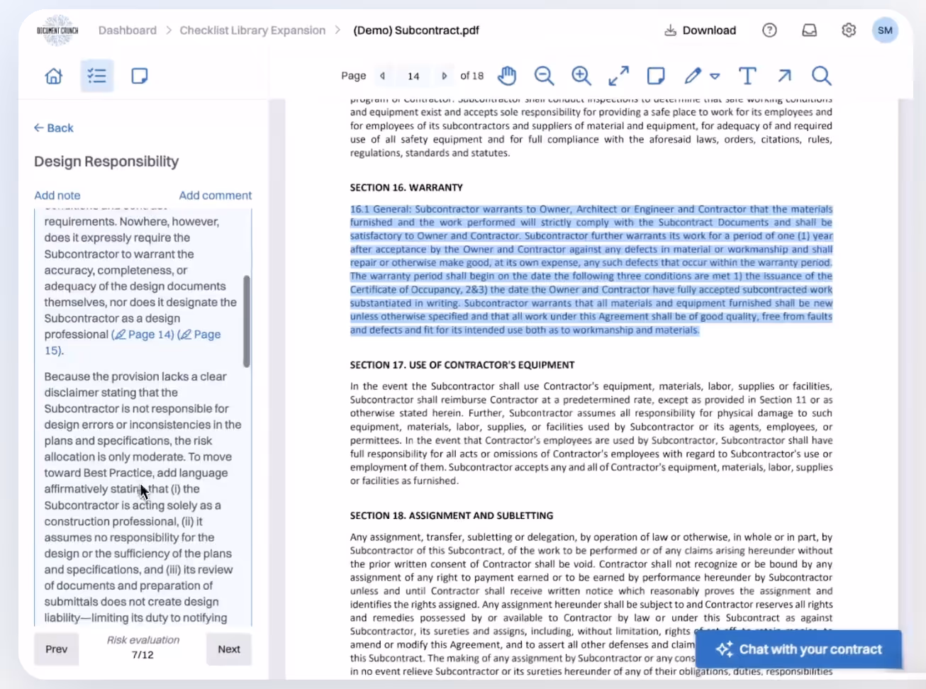 Document Crunch AI platform highlighting contract clauses, risk evaluations, and design responsibility notes.