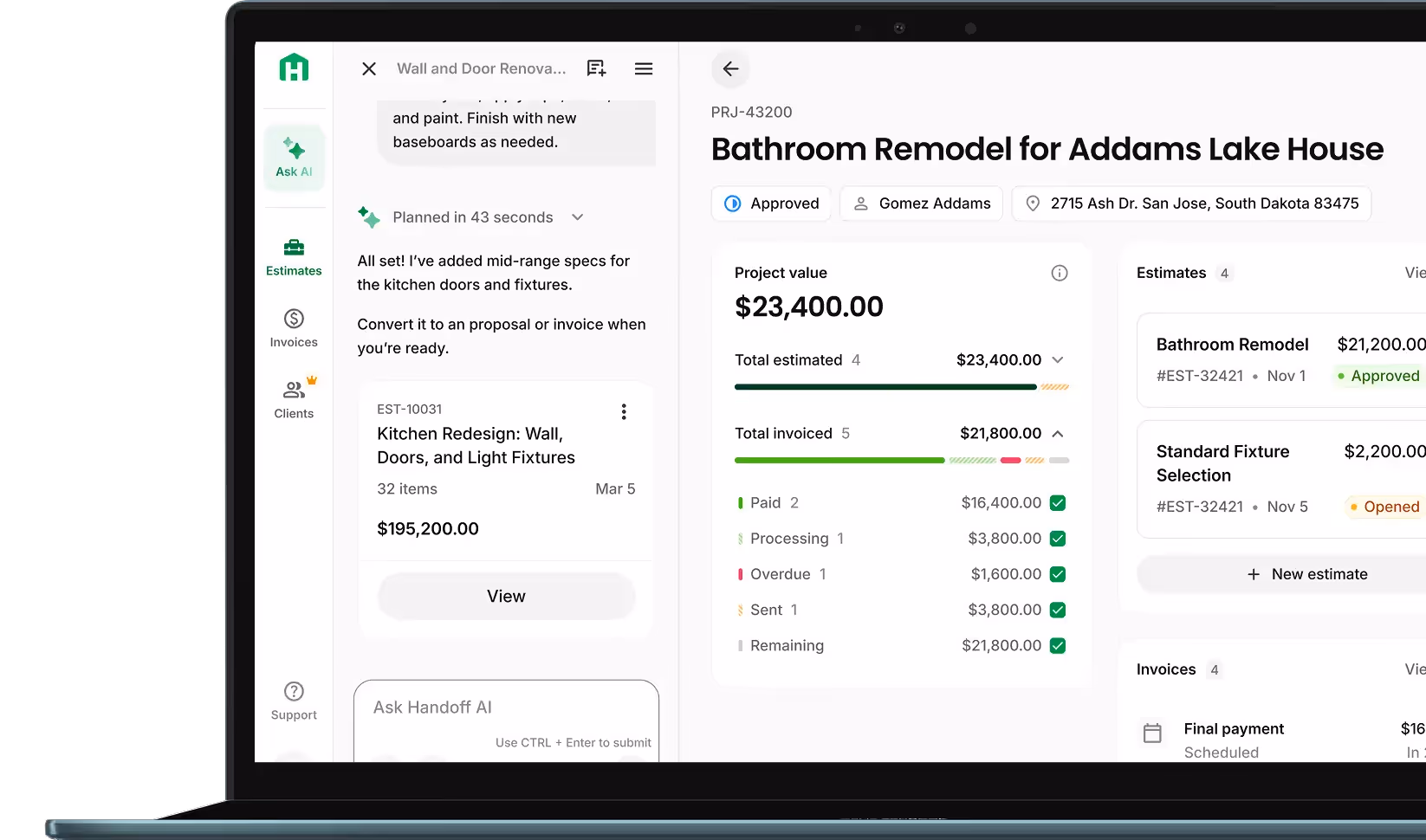 Handoff AI dashboard showing bathroom remodel project value, estimates, invoices, and client details.