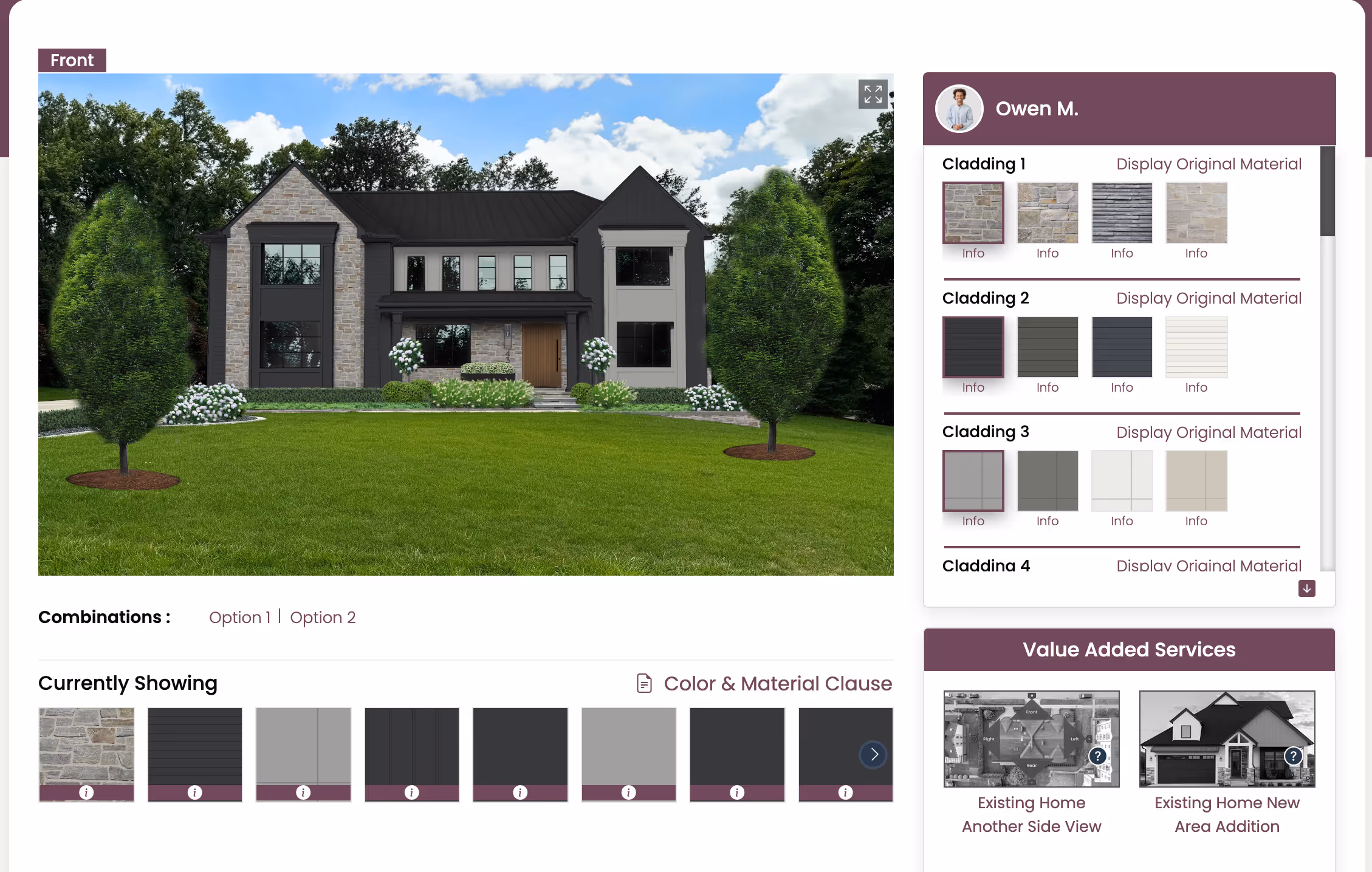 Dzinly AI design platform showing exterior renovation preview with cladding and color options.