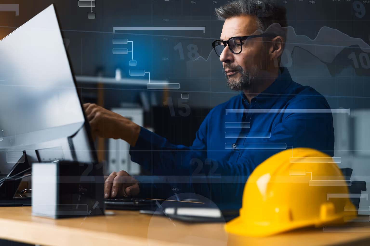 Project manager reviewing project lifecycle schedules on a computer with a yellow hard hat on desk.