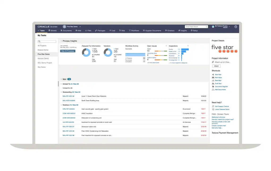 Oracle Aconex dashboard showing project tasks, RFIs, workflow activity, and insights.