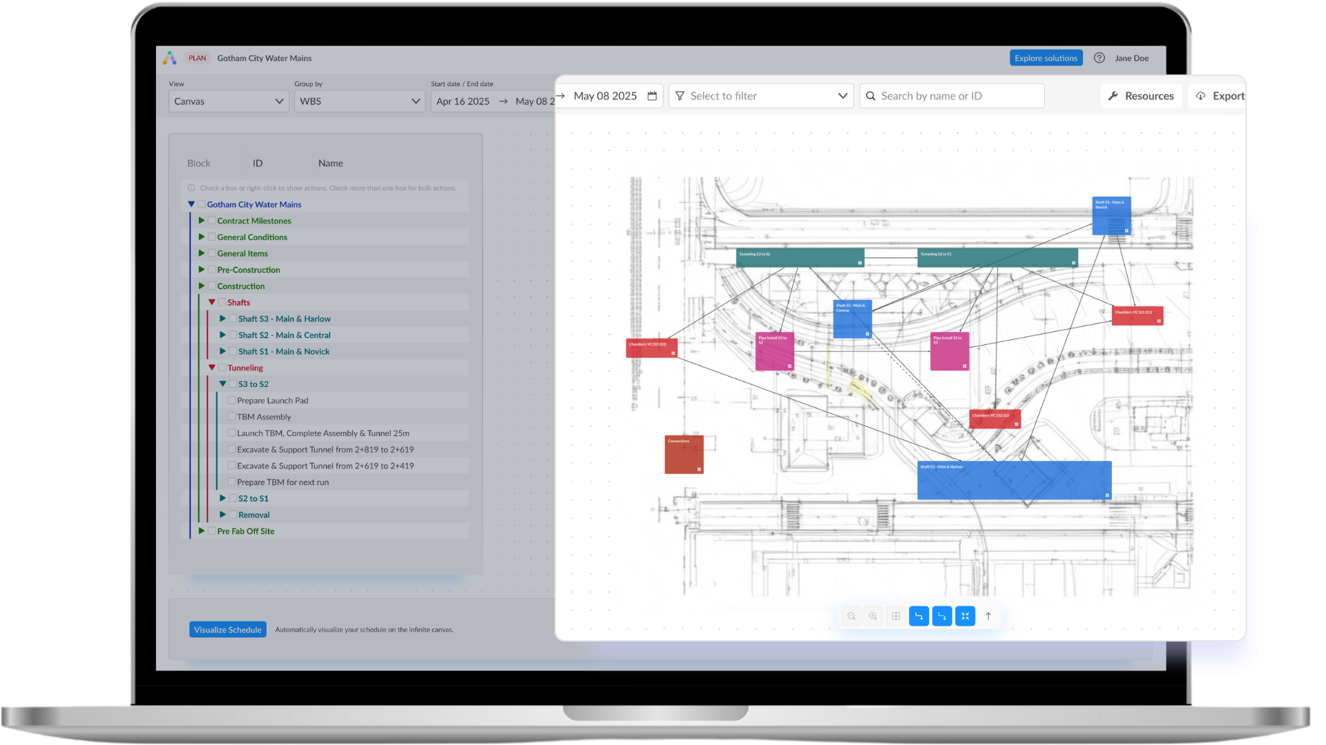 ALICE Technologies project scheduling software with visual plan and workflow on screen.