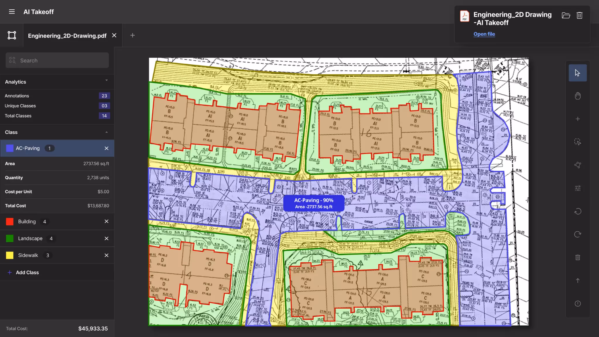 Markovate AI blueprint reader showing takeoff data and costs