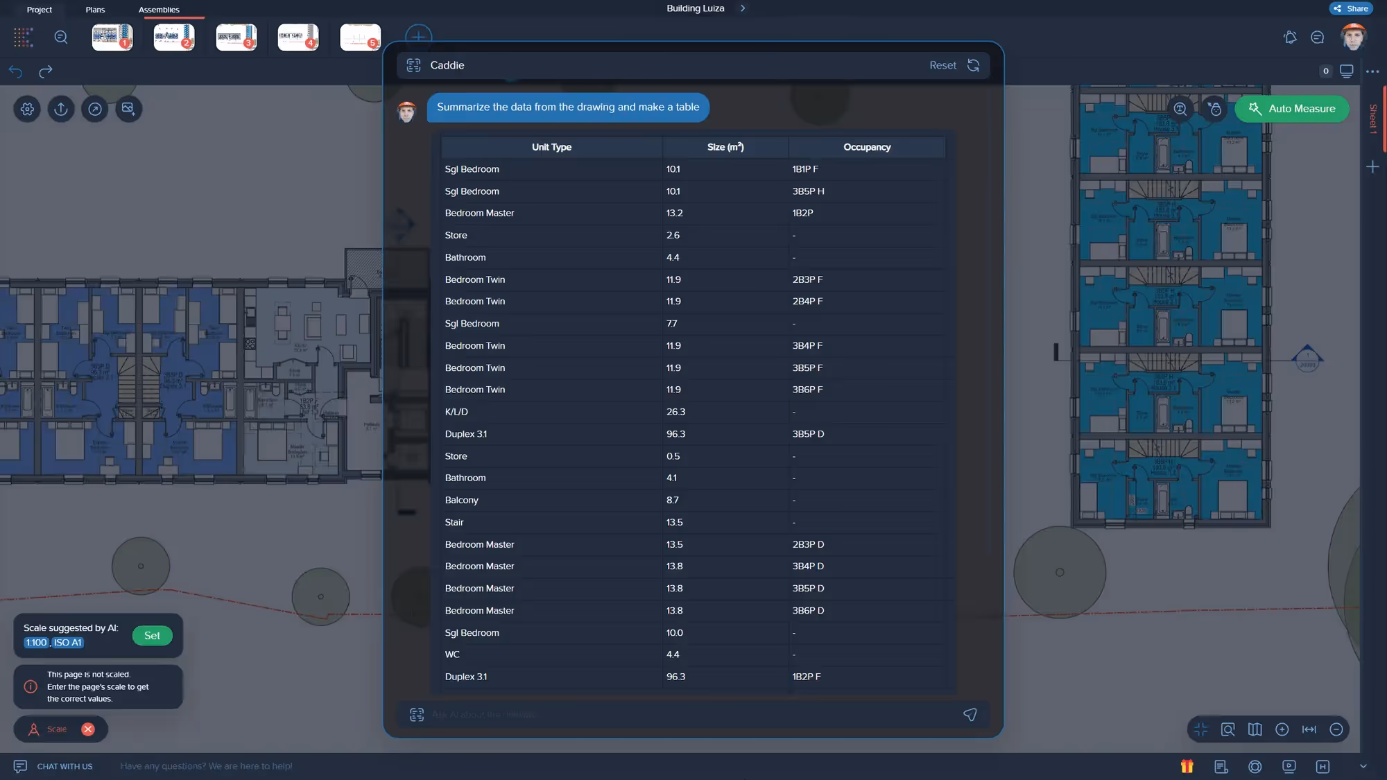Kreo Caddie AI blueprint reader summarizing floor plan data