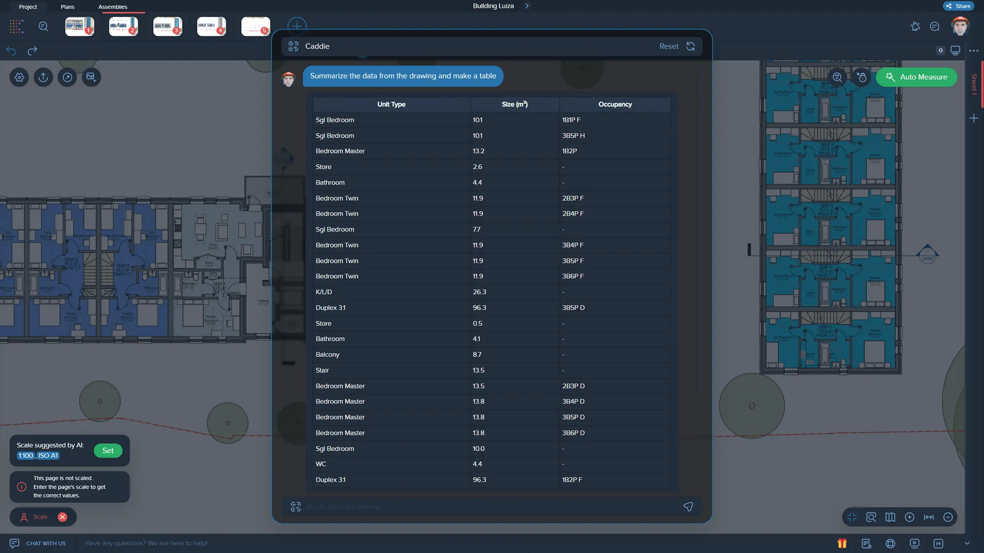 Kreo Caddie AI blueprint reader summarizing floor plan data