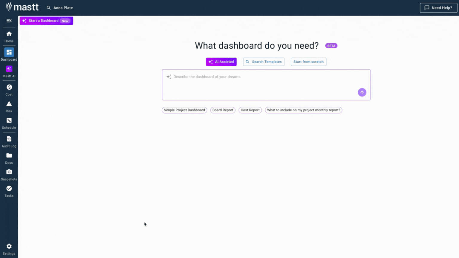 Animated demo of Mastt’s AI Template Studio showing how to create a Project Controls Dashboard