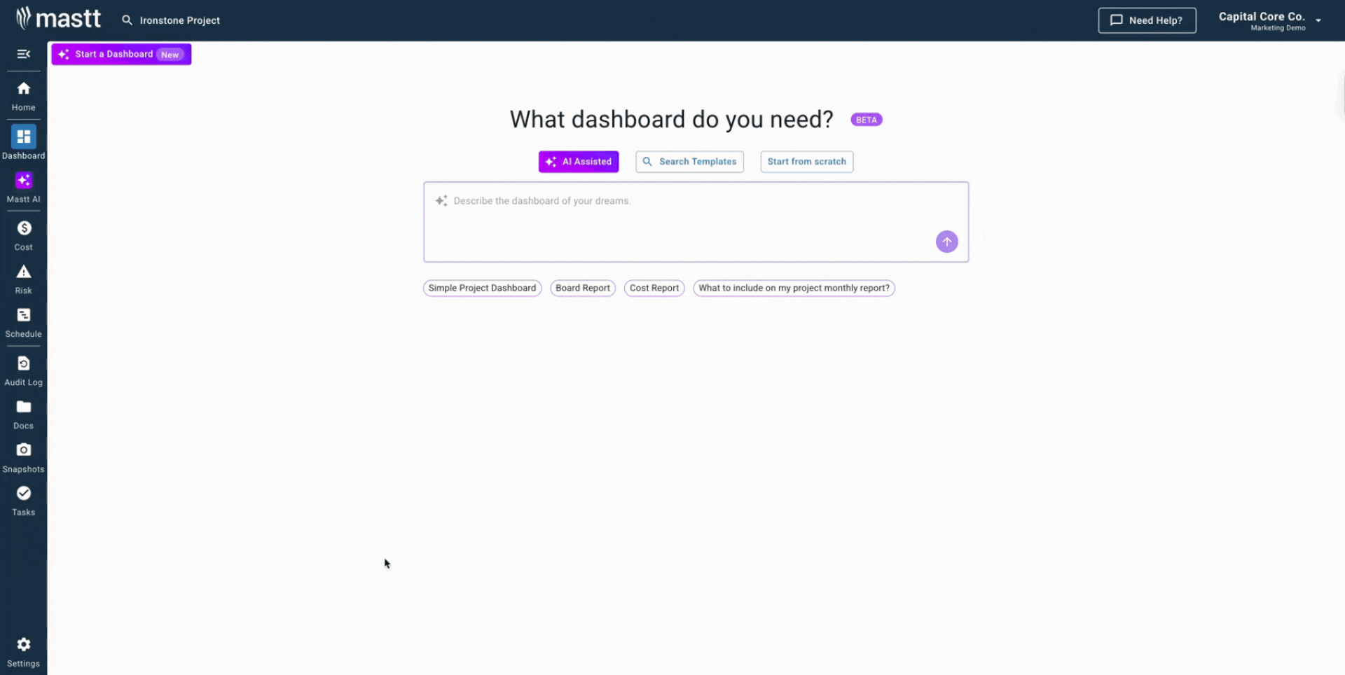 GIF of Mastt’s AI Template Studio creating a project overview template with AI Assisted search.