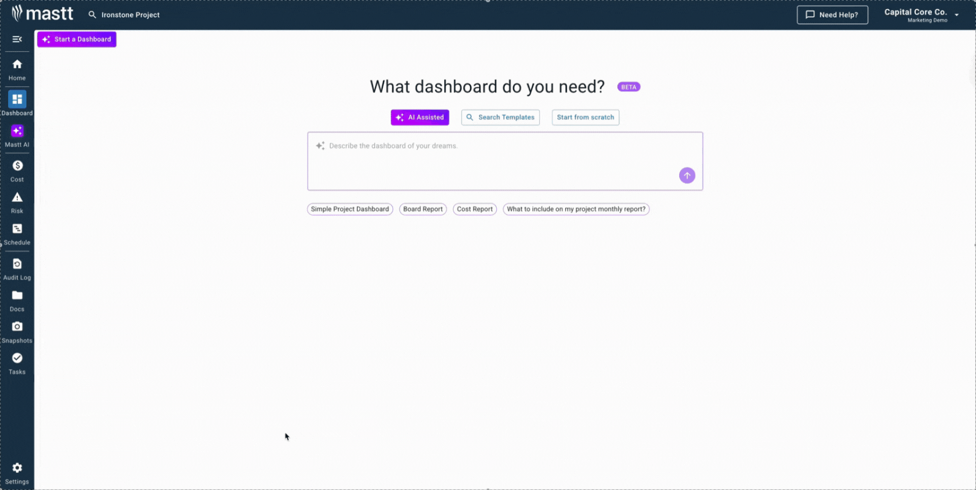 GIF showing Mastt AI creating a project milestones template dashboard.