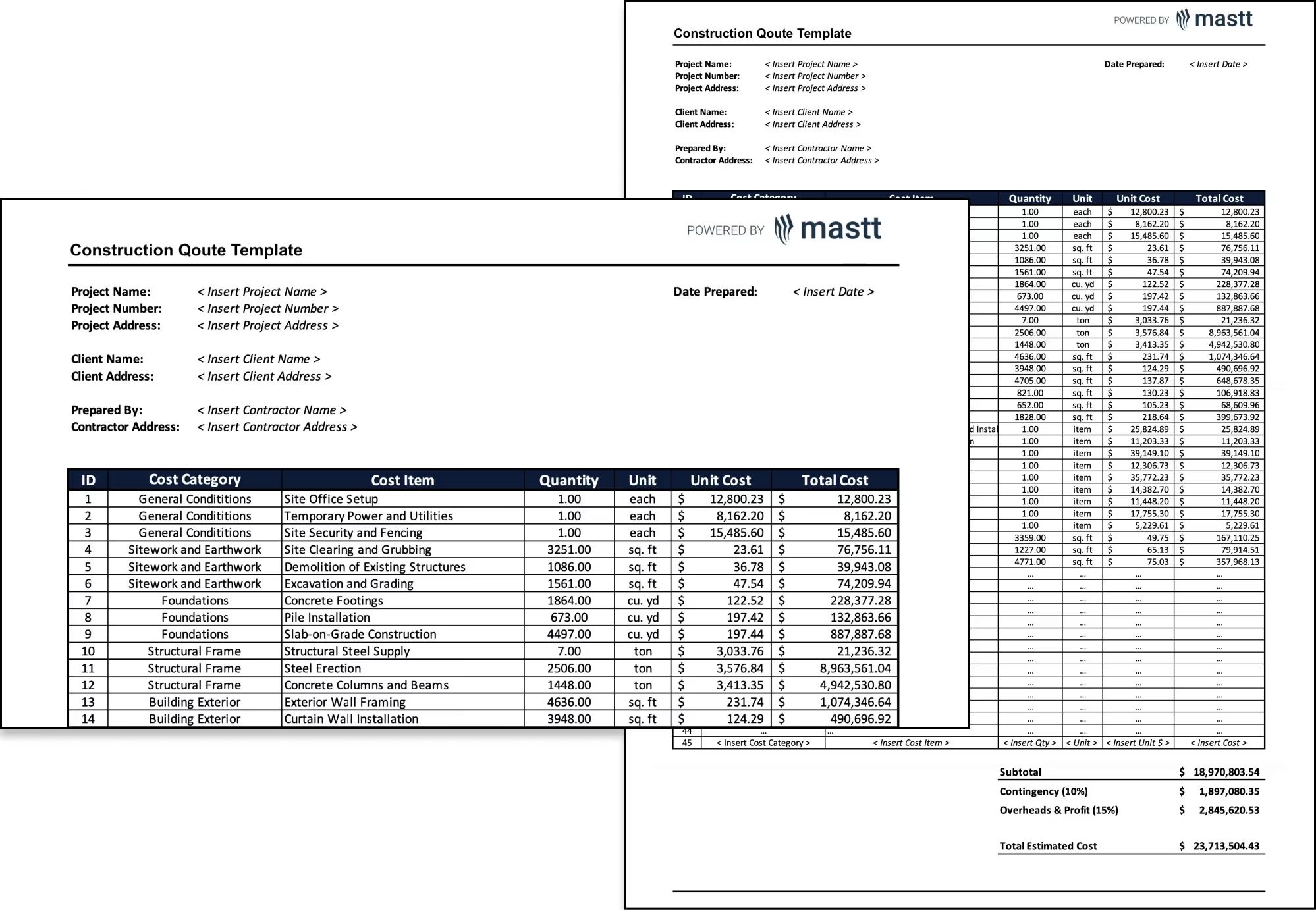 Screenshot of a construction quote template showing project details, cost categories, itemized costs, and totals.