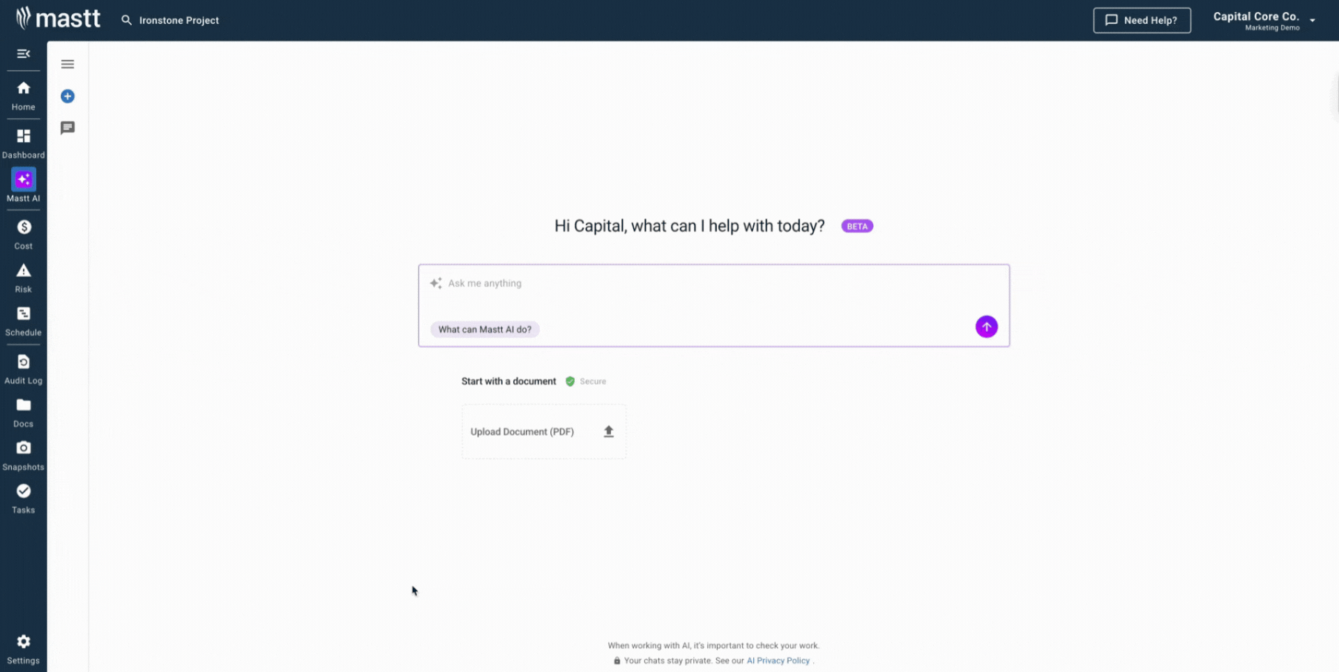 Screen recording of Mastt AI interface showing a user starting a project proposal