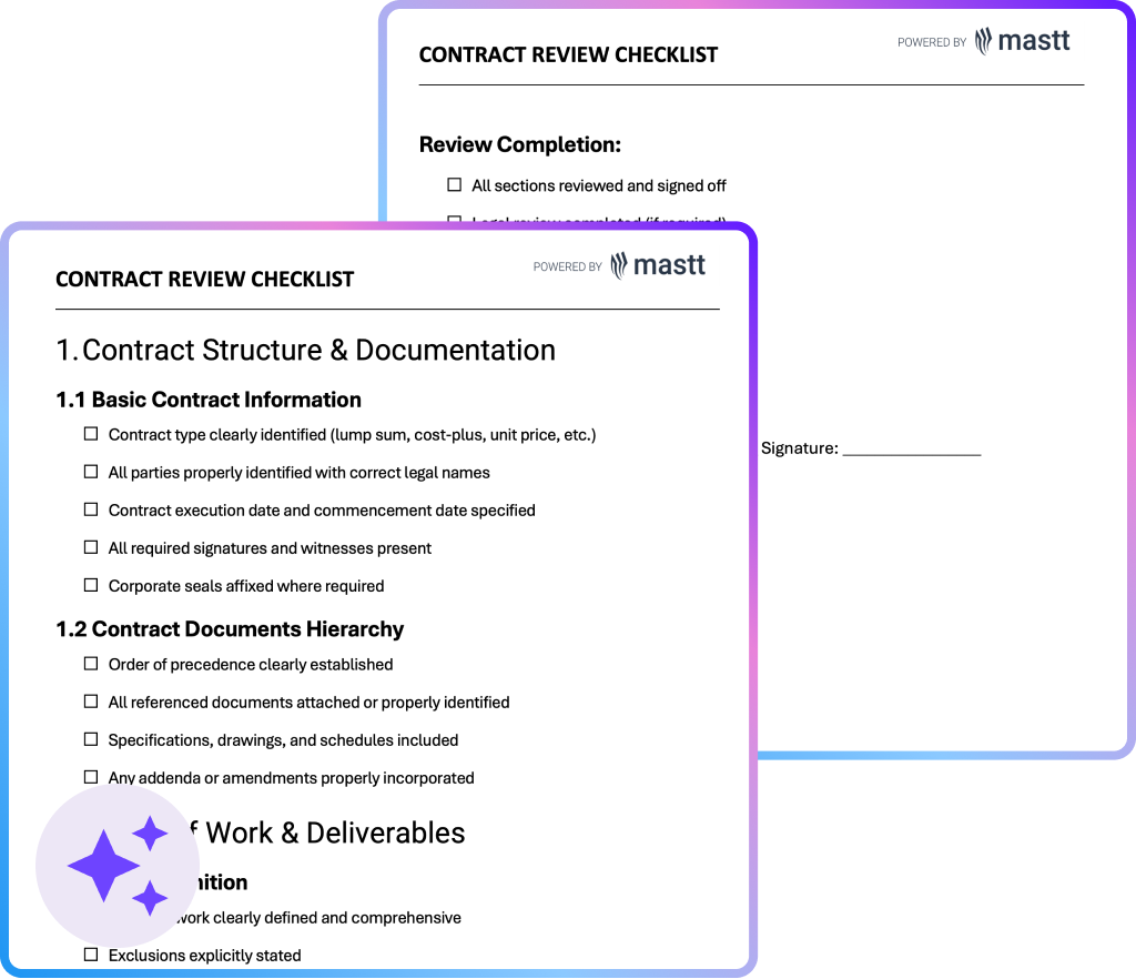 Contract review checklist example powered by Mastt with sections for contract structure, basic information, and document hierarchy.
