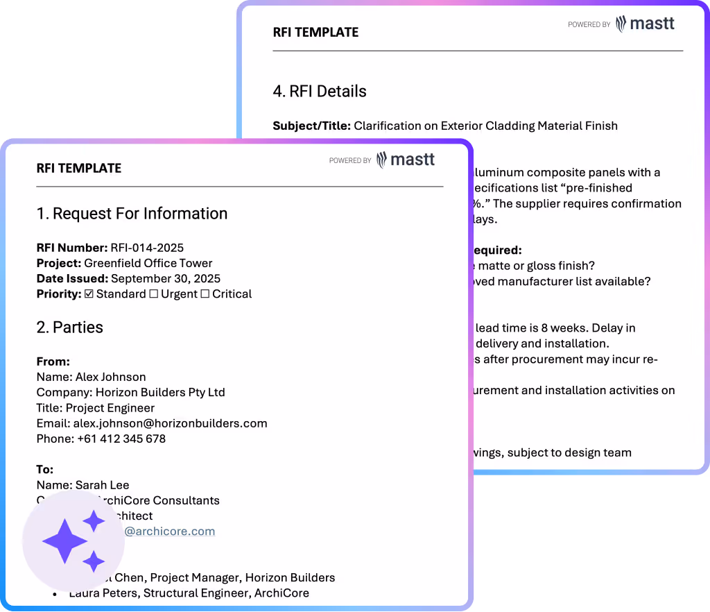 RFI template example showing project details, parties, priority levels, and information request.