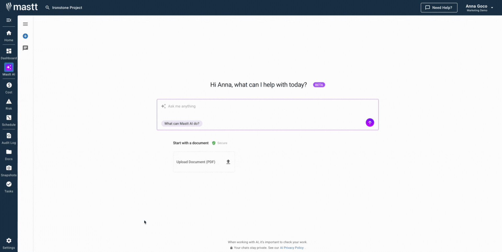 GIF of Mastt AI generating an RFI template from a project query and uploaded document.