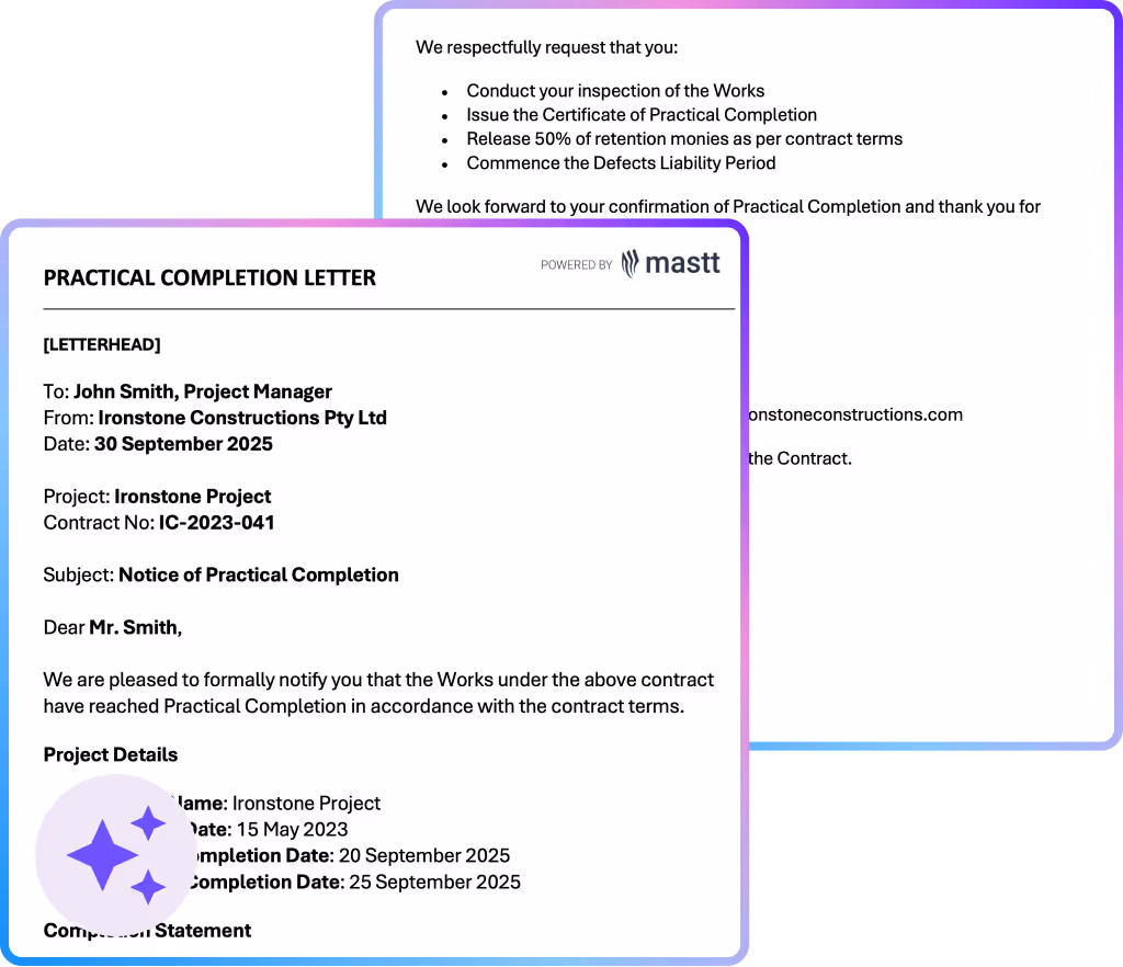 Example of a practical completion letter template showing project details, contract number, completion dates, and notice of practical completion.