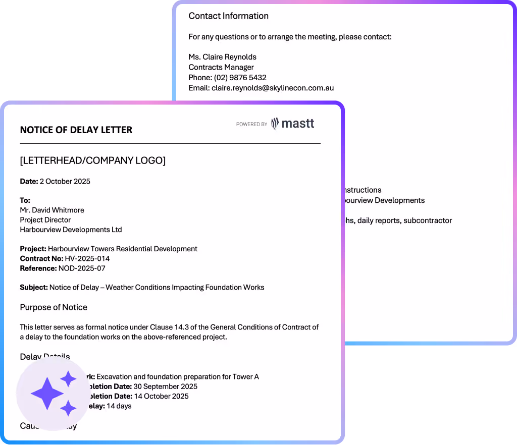 Example of a notice of delay letter template generated in Mastt