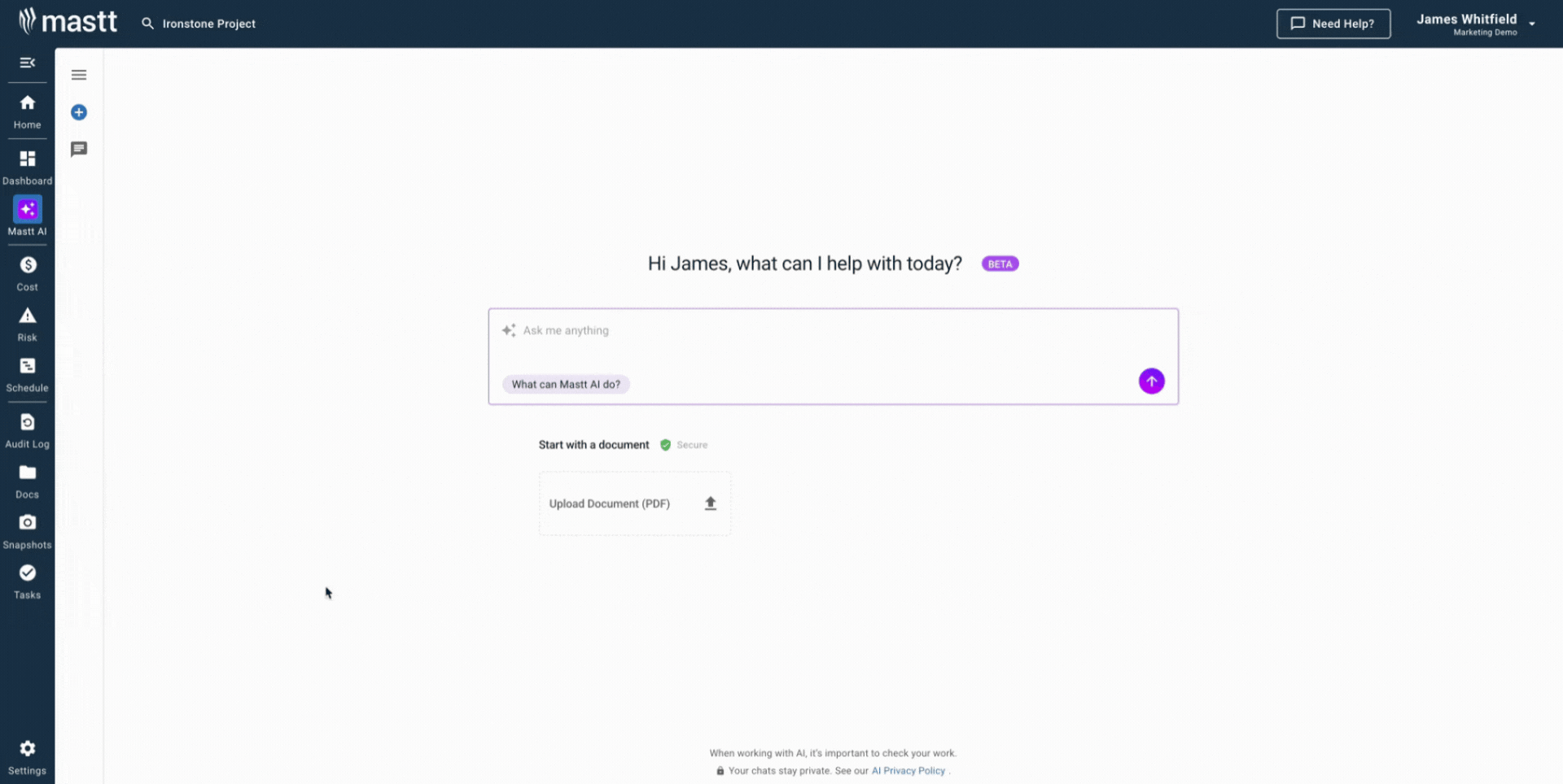 Screen recording of Mastt AI interface showing a user starting a chat to create an issue log template