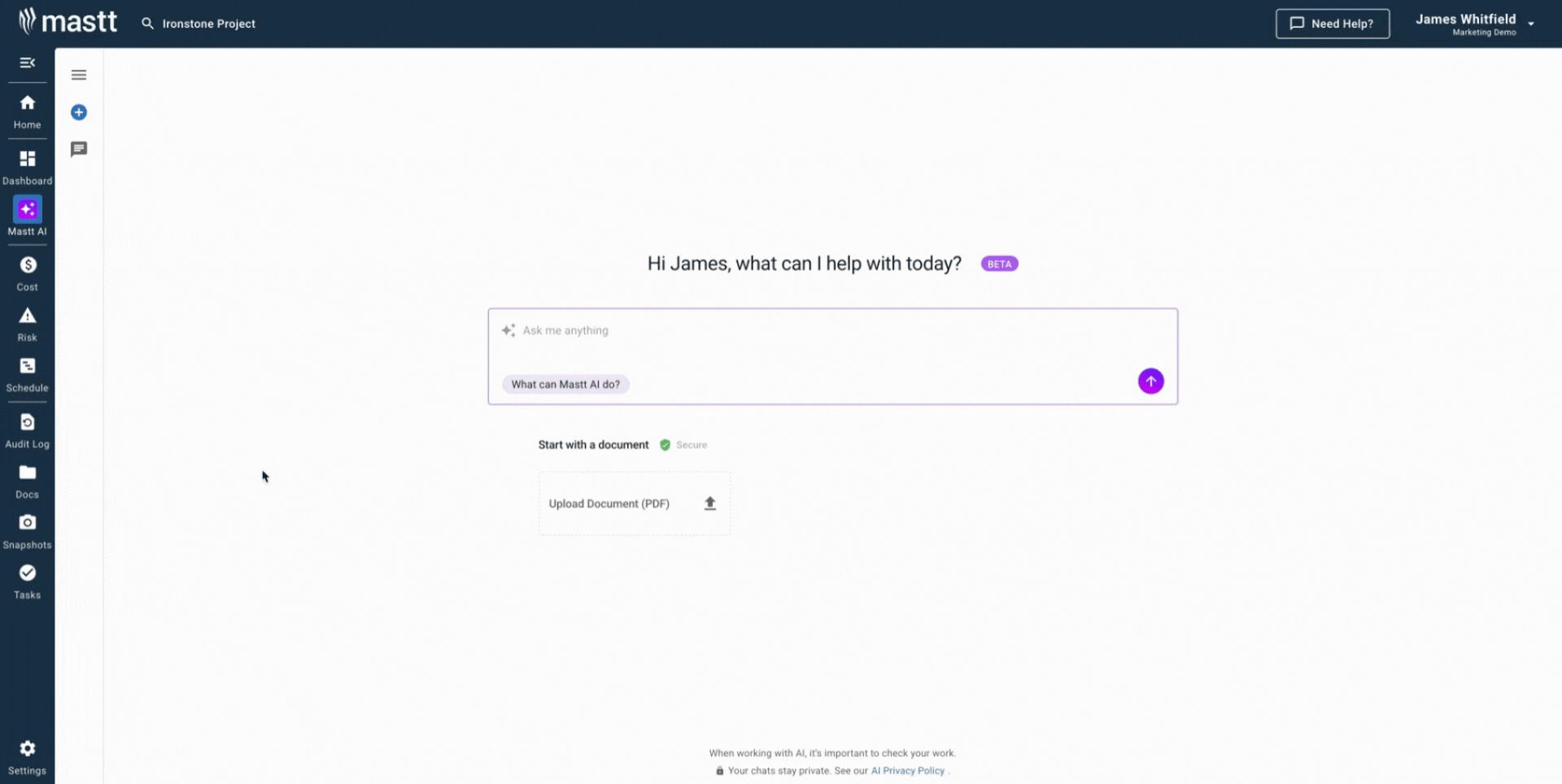 Screen recording of Mastt AI platform generating a customized construction template.