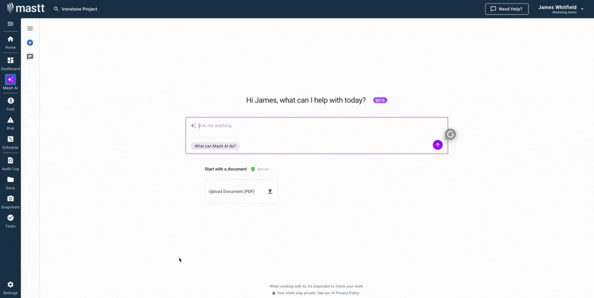 Screen recording of the Mastt AI platform generating a customized construction estimate template.