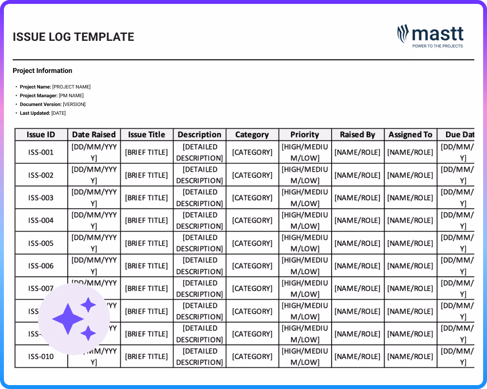 Example of an issue log template in table format branded with Mastt logo.