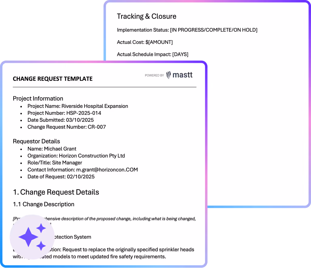Change request template example for construction project with project details