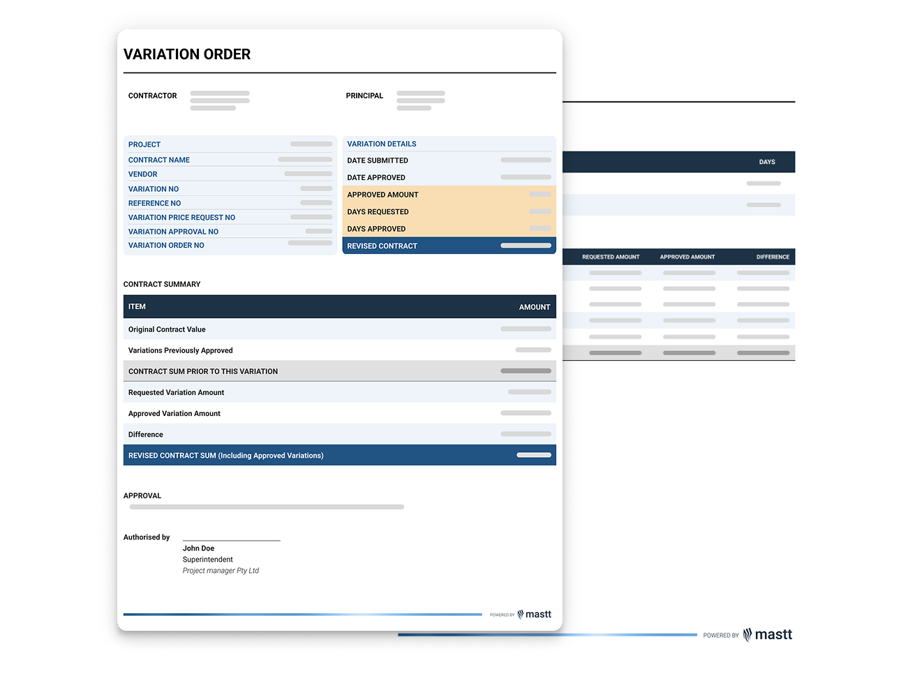 Variation order template example showing project details, cost summary, and approval section in Mastt design.