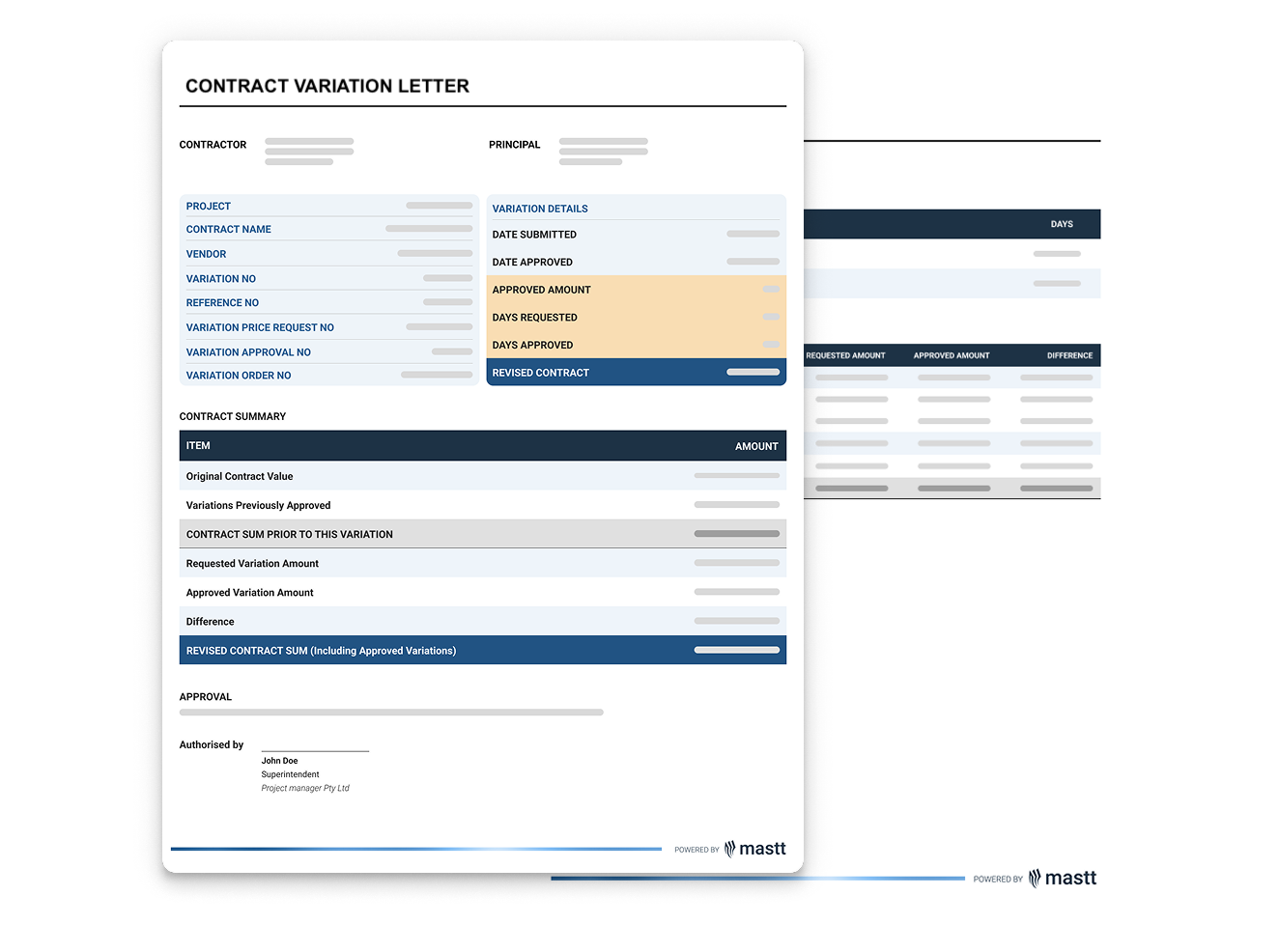 Contract Variation Letter template showing project details, variation summary, approved amounts, and revised contract sum, generated in Mastt.