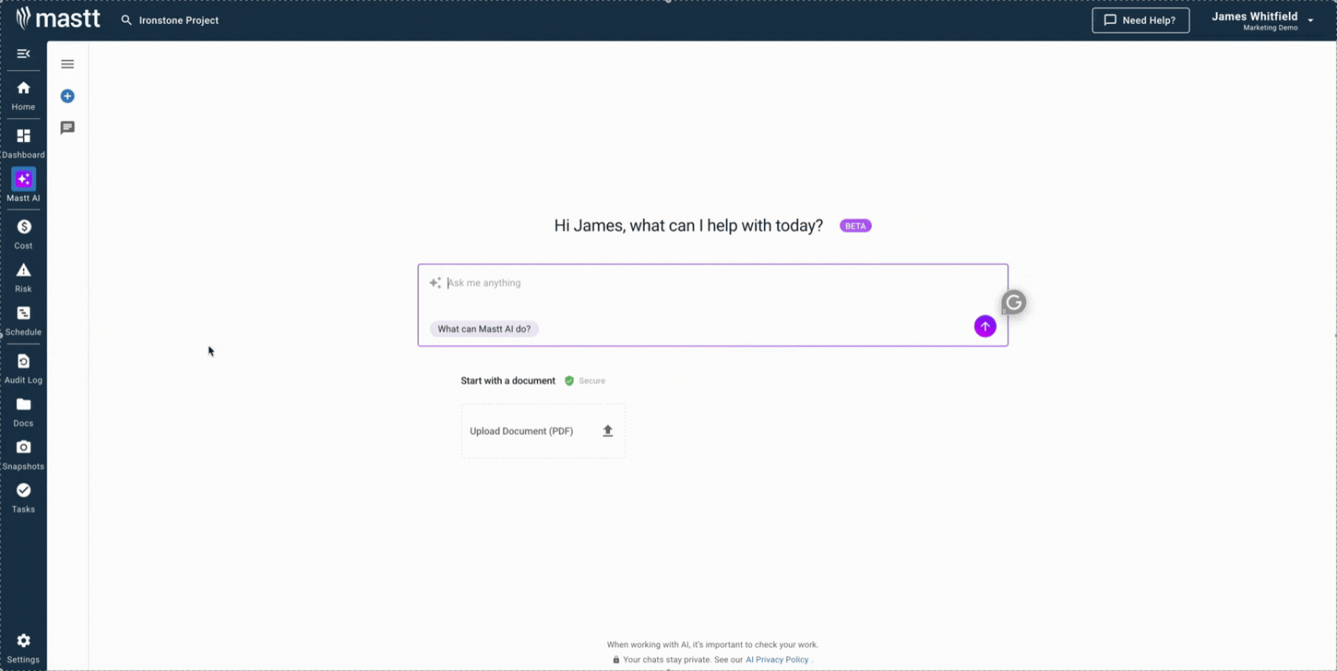 Mastt AI interface generating a stakeholder analysis template for project managers to map stakeholders, automate communication planning, and improve construction project collaboration