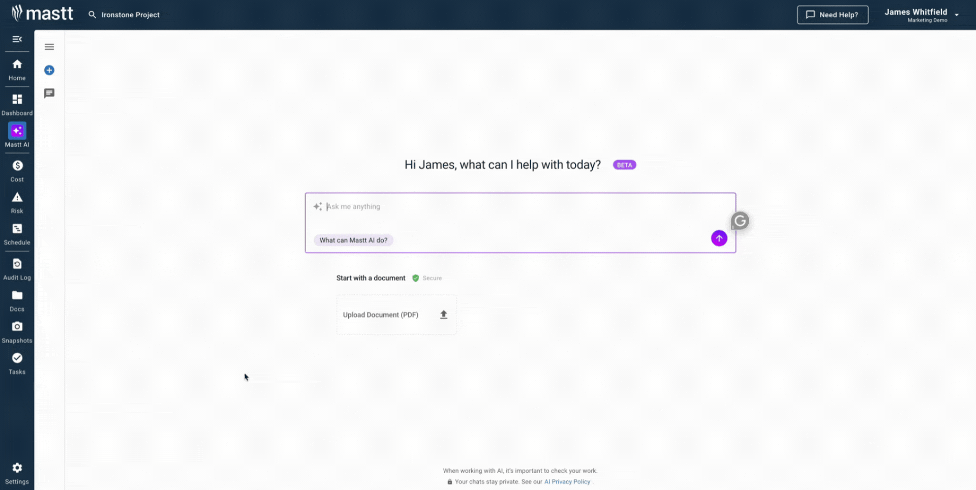 Mastt AI chat interface for generating project scope templates and documents