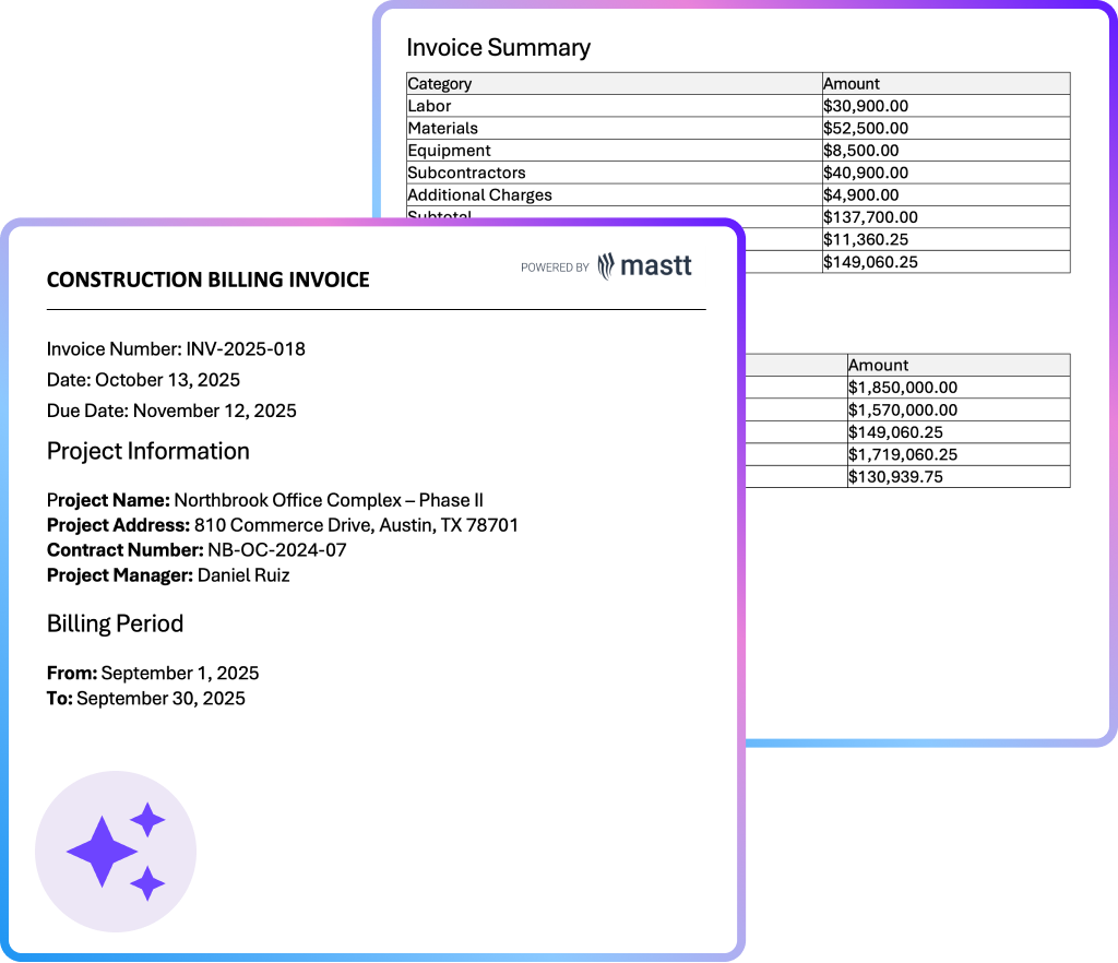 Construction billing invoice template showing progress payment breakdown with labor, materials, equipment costs, and retainage calculations for contractors