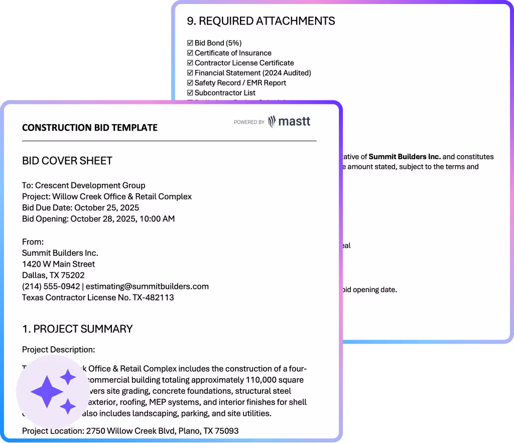 Construction bid template showing professional proposal format with project summary, detailed pricing breakdown, and required attachments to win contracts