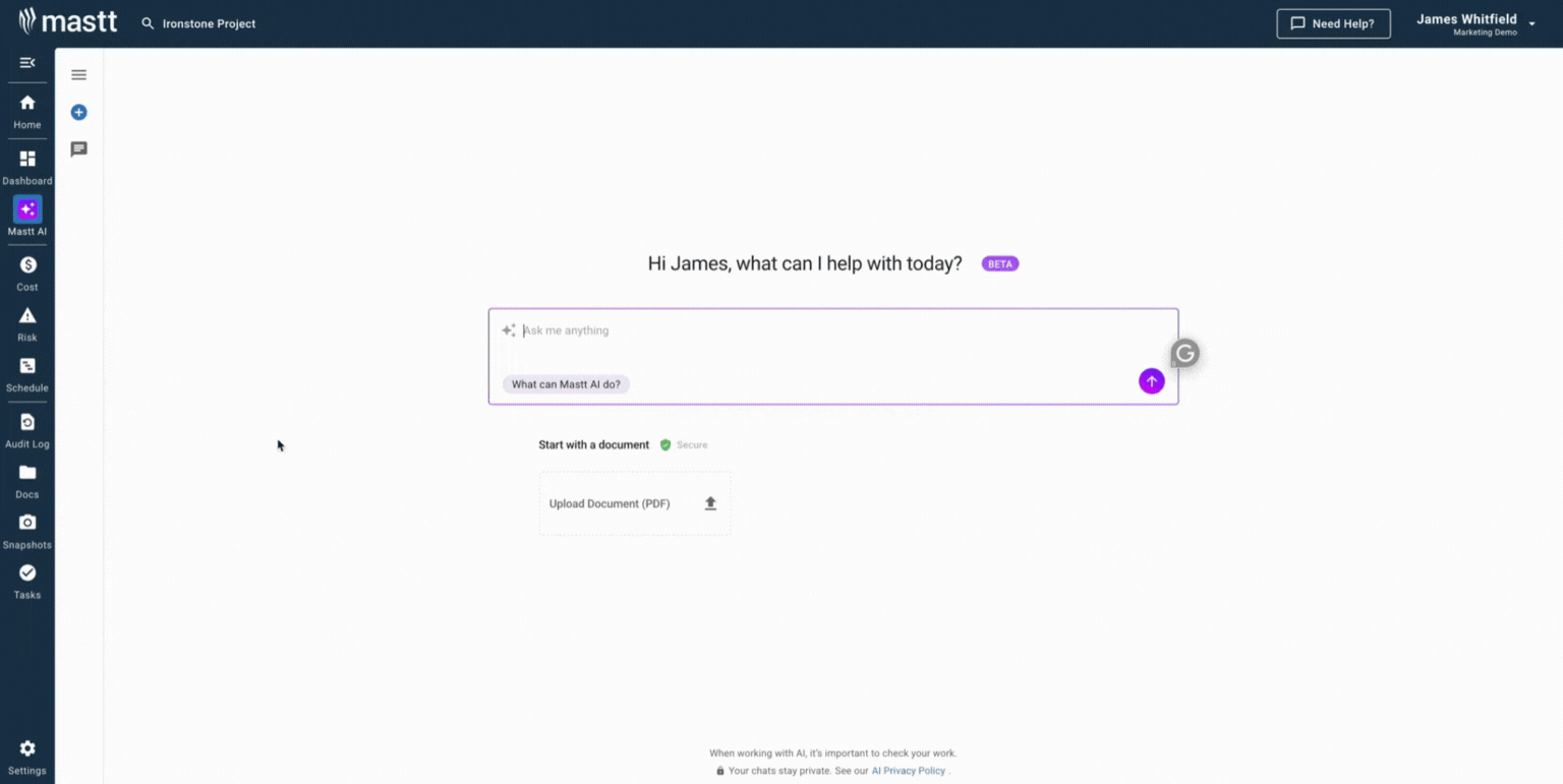 Mastt AI interface to generate construction bid templates instantly - chat-based tool creates professional proposals in seconds with secure document upload