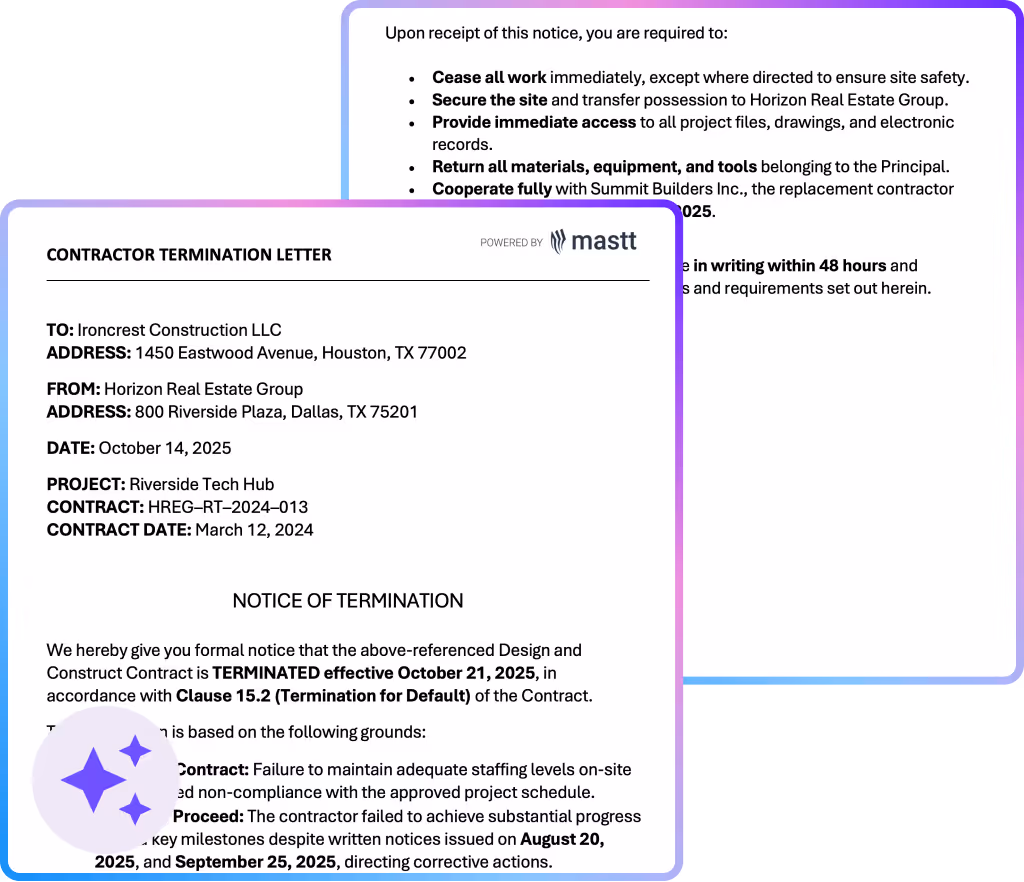 Example of a contract termination letter sample generated in Mastt AI, displaying project details, contract references, and notice of termination content.
