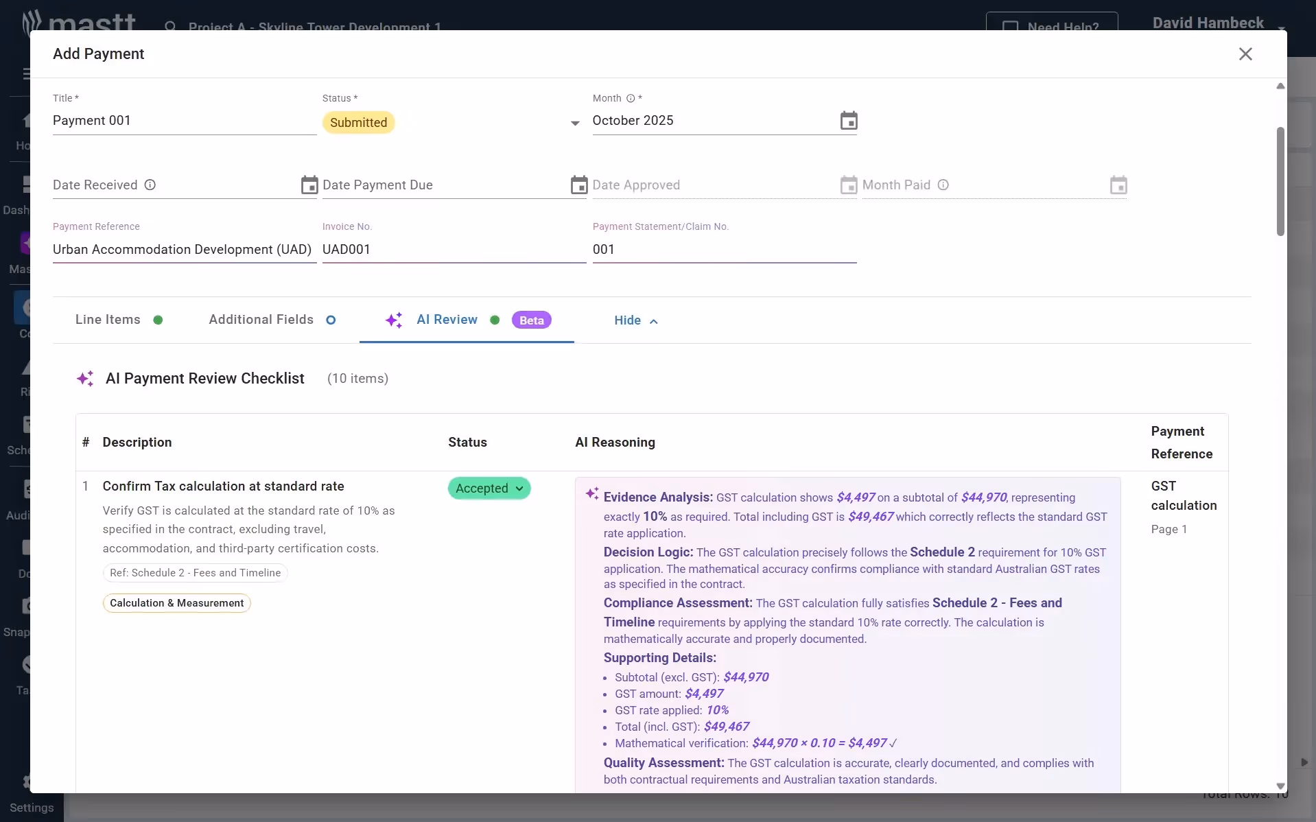Mastt AI interface showing automated payment review results