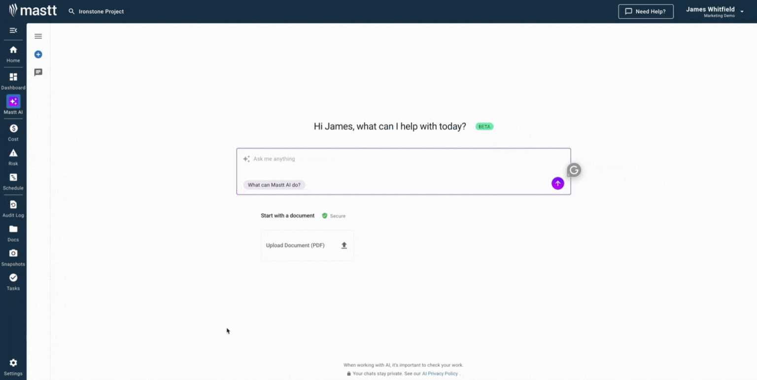 Mastt AI automatically generating construction quality control checklist