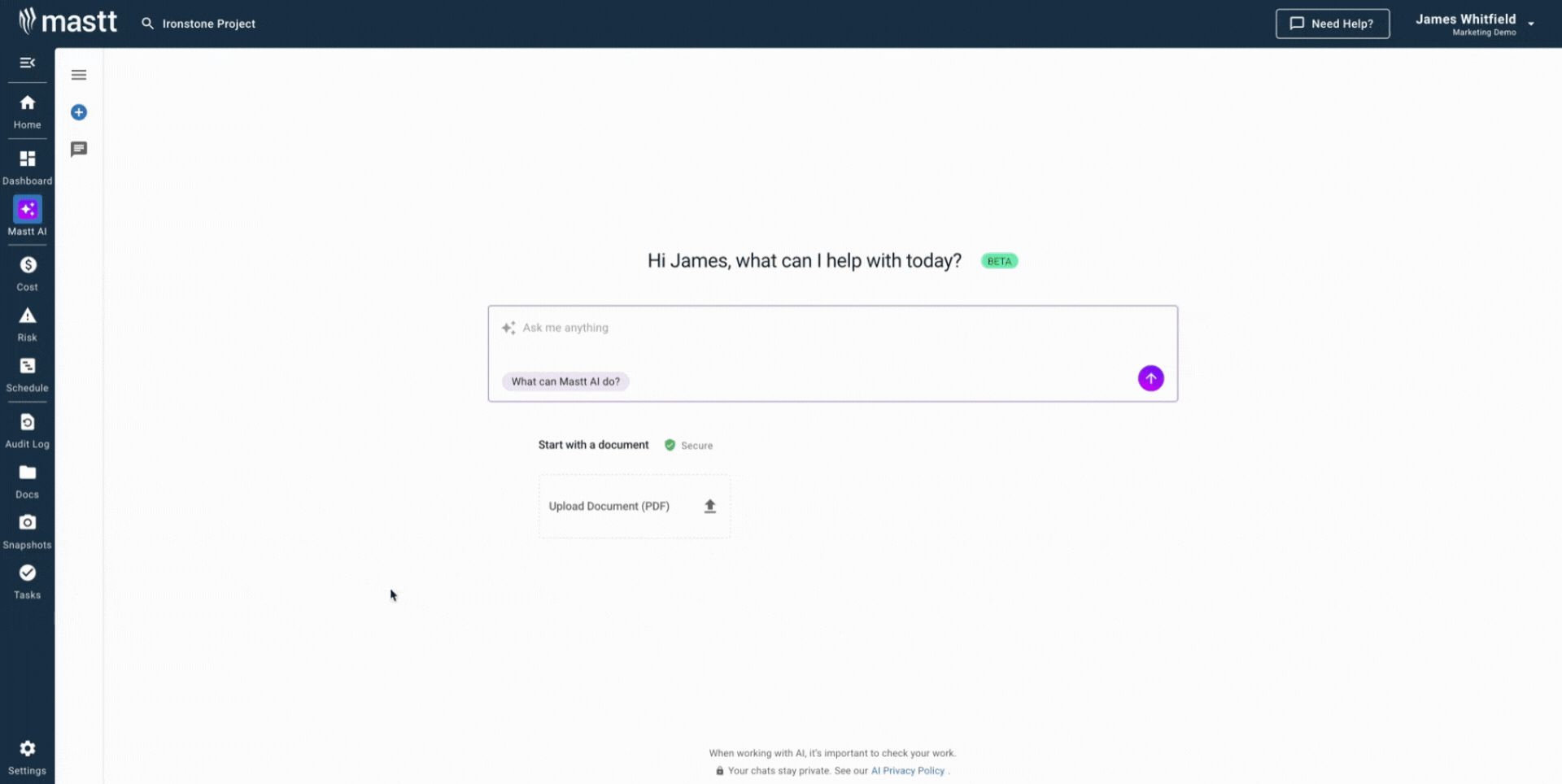 GIF of Mastt AI generating a project Stage Gate template, automating construction phase tracking and milestone management for project owners and consultants