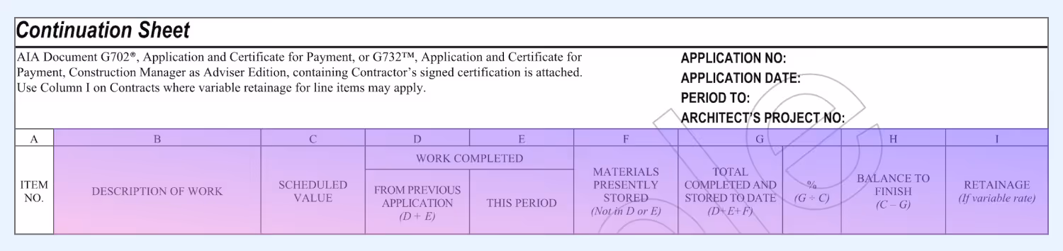 AIA G703 form showing Column A labeled “Item Number”