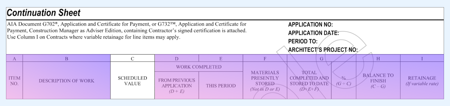 AIA G703 form displaying Column C