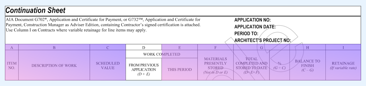 AIA G703 continuation sheet highlighting Column D