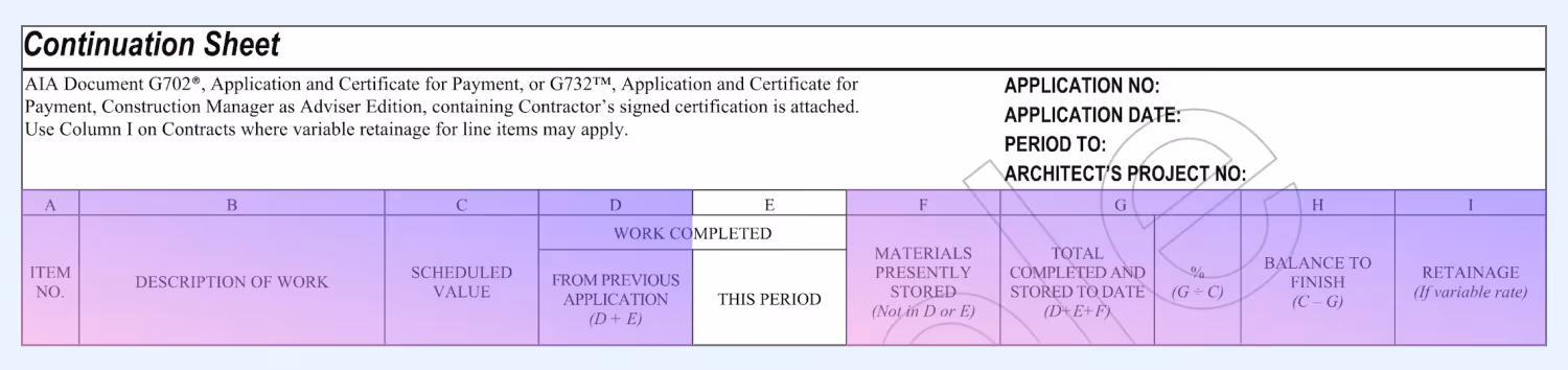 AIA G703 form showing Column E, “Work Completed This Period,”