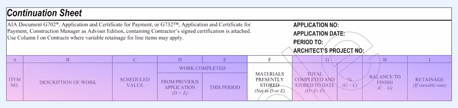 AIA G703 highlighting Column F “Materials Presently Stored”