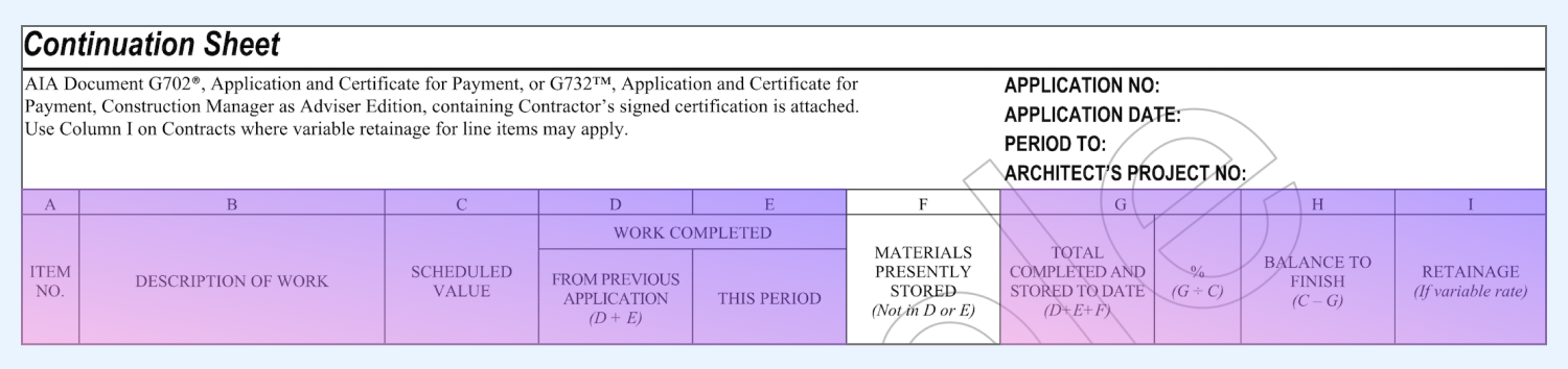 AIA G703 highlighting Column F “Materials Presently Stored”