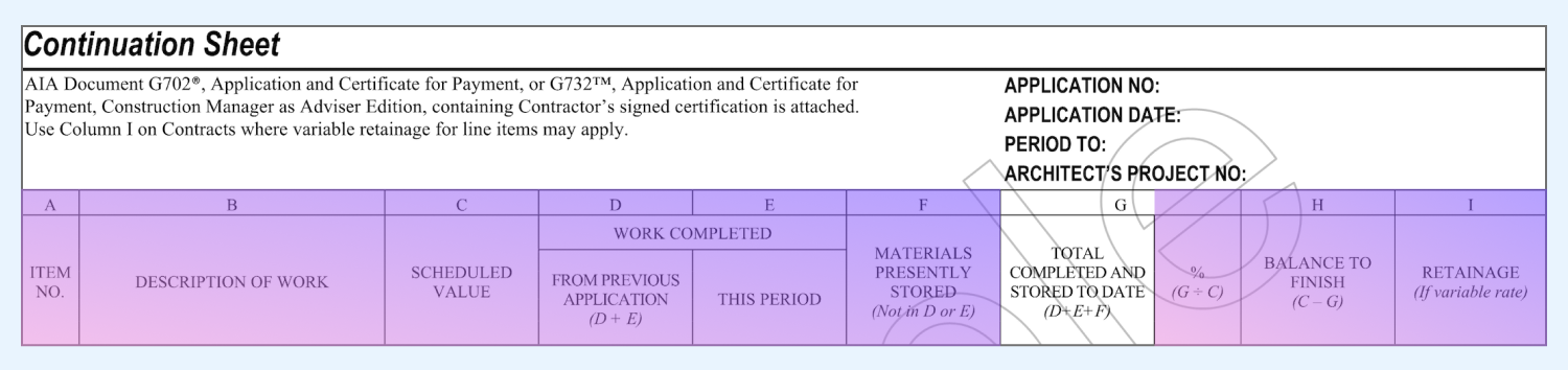 AIA G703 form displaying Column G, “Total Completed and Stored to Date”