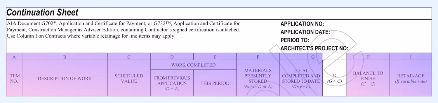 AIA G703 highlighting Column G percentage section