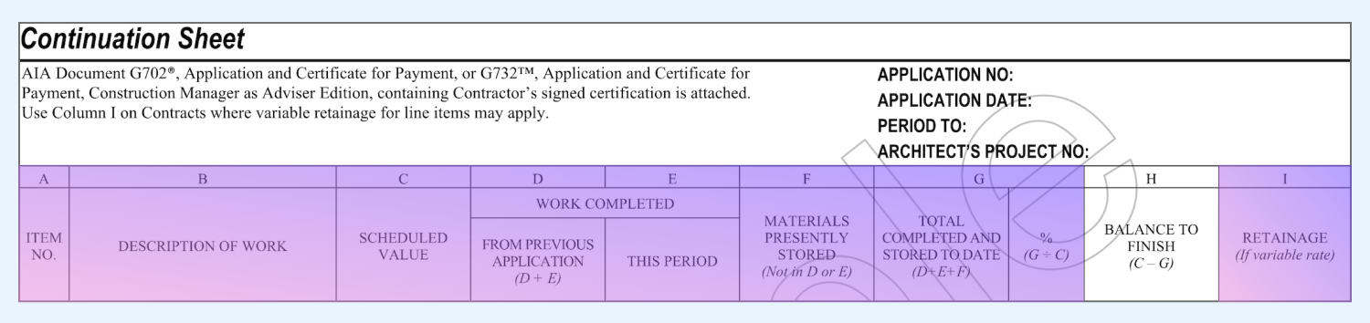 AIA G703 form showing Column H, “Balance to Finish”