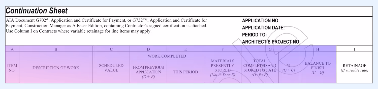 AIA G703 highlighting Column I, “Retainage,”