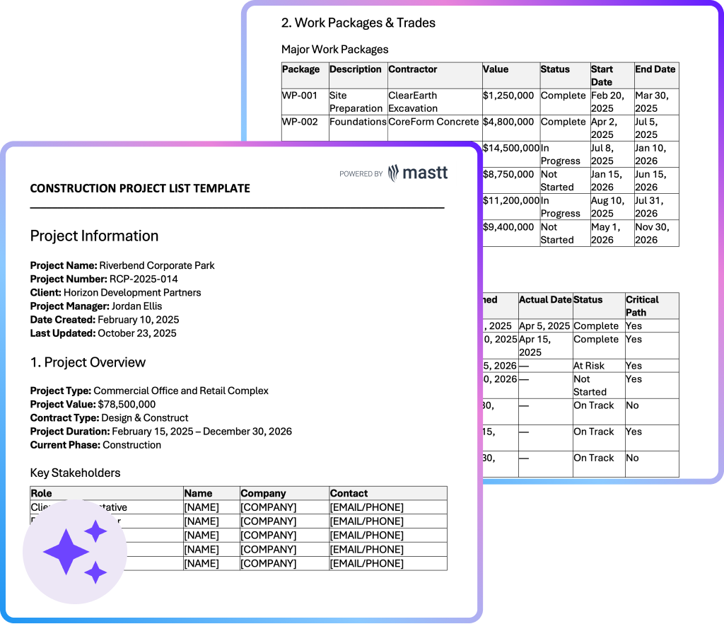 Construction project list template with project details, stakeholders, work packages, and progress tracking tools for better visibility and control